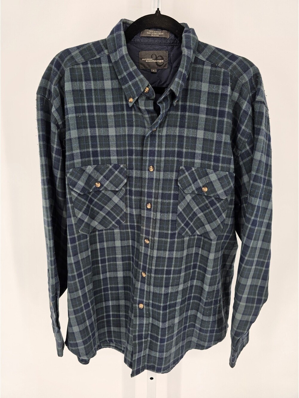 Outdoor Exchange Mens Sz L Button Up Long Sleeve Shirt Blue Green Plaid Flannel